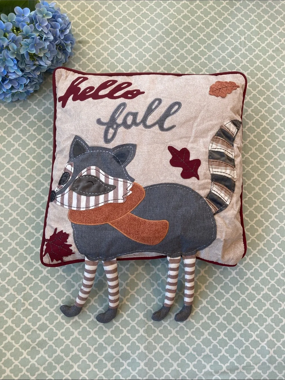 Hello Fall Raccoon Dangle Leg Square Appliquéd Pillow